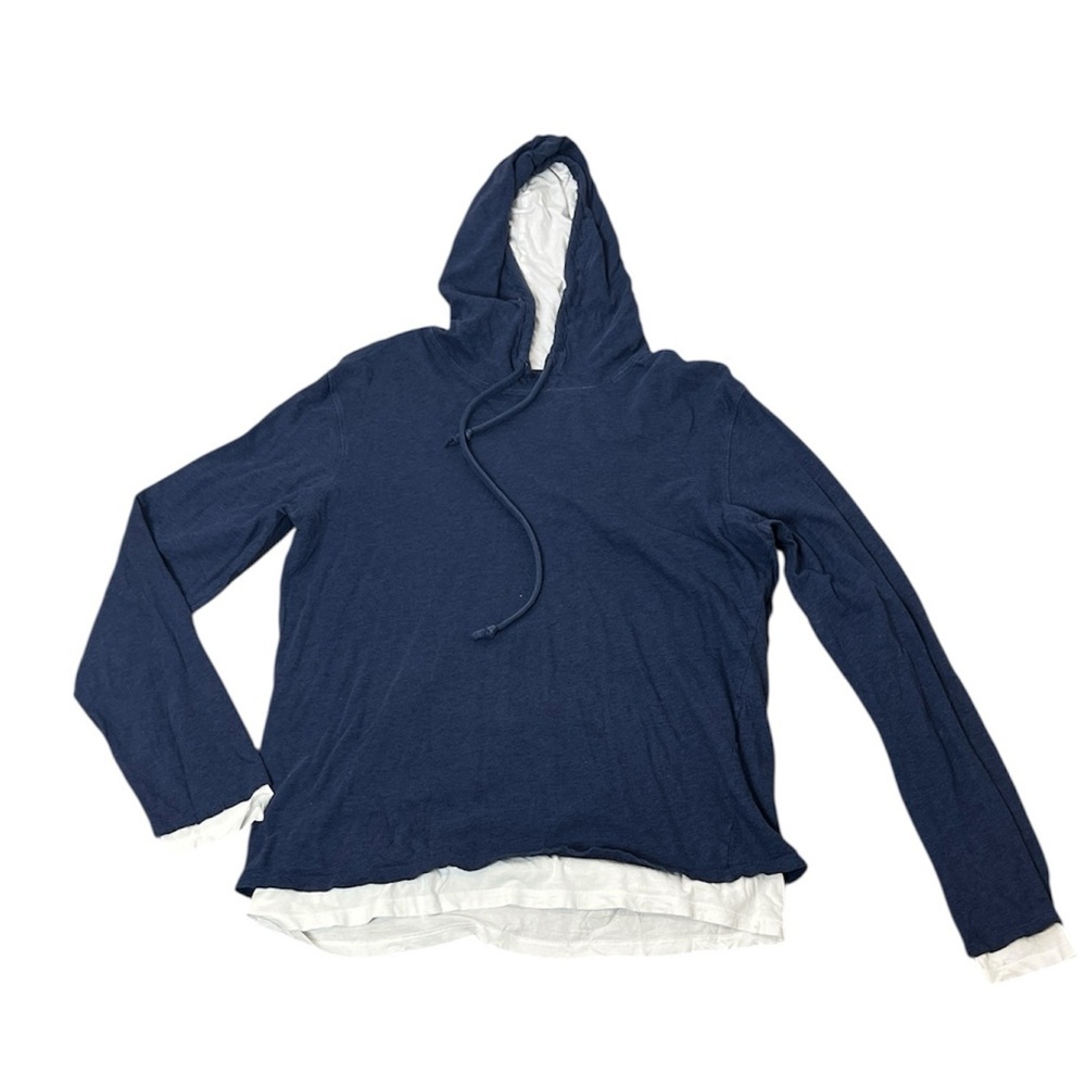 Vince men’s navy blue white trim double knit pima cotton pullover hoodie Med
